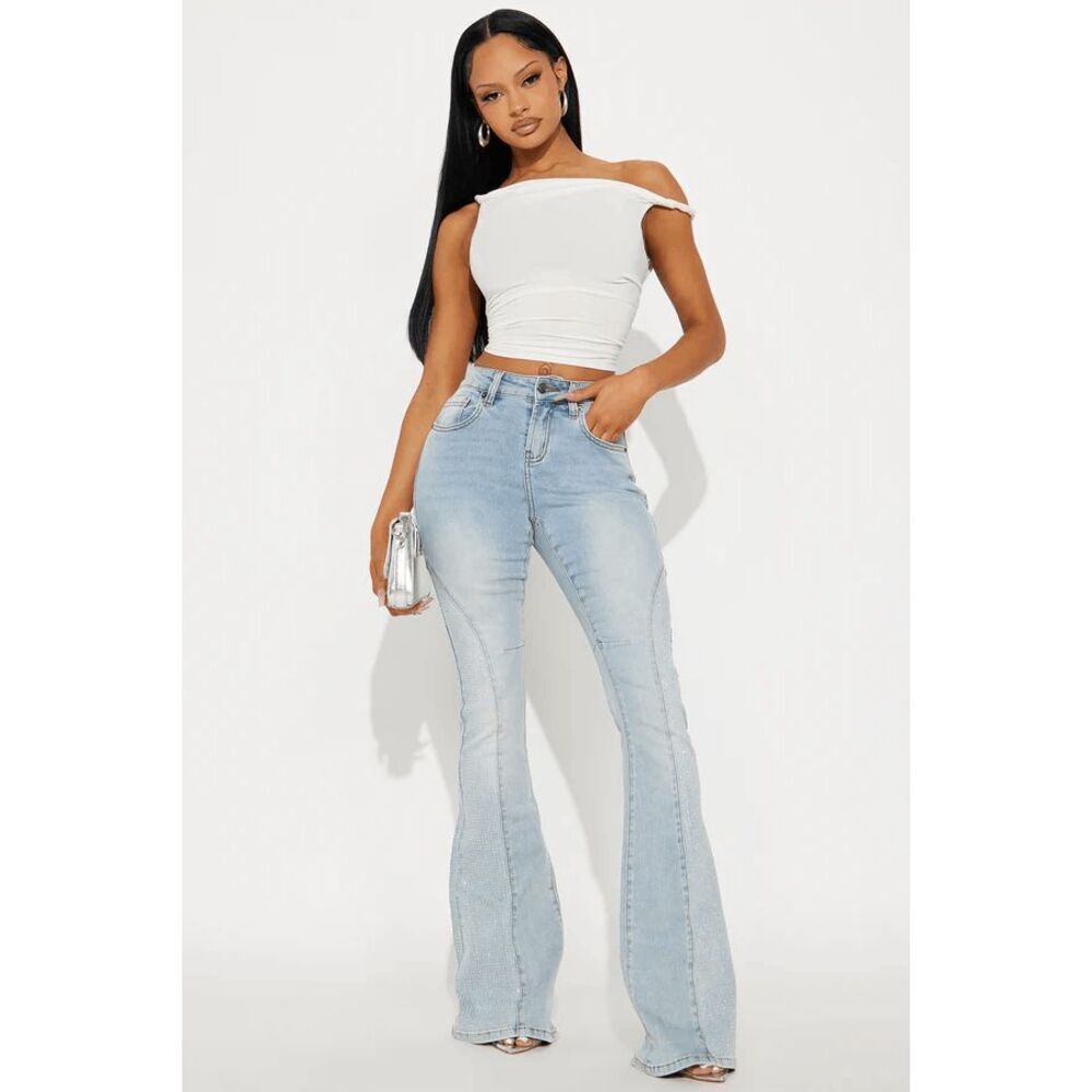Fashion Nova Ritzy Iridescent Rhinestone Flare Leg Jeans 7 NWT